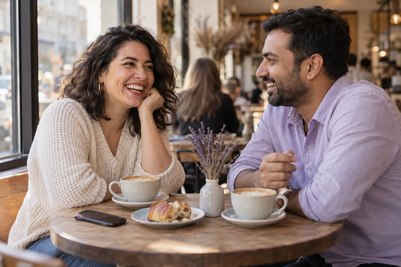A creator laughing with a friend over lattes at a café table by the window, her phone face down.