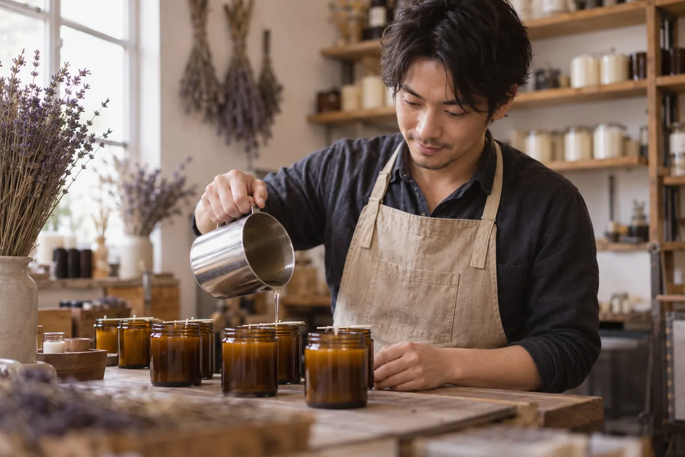 A candle maker pouring wax into amber jars in his small studio.