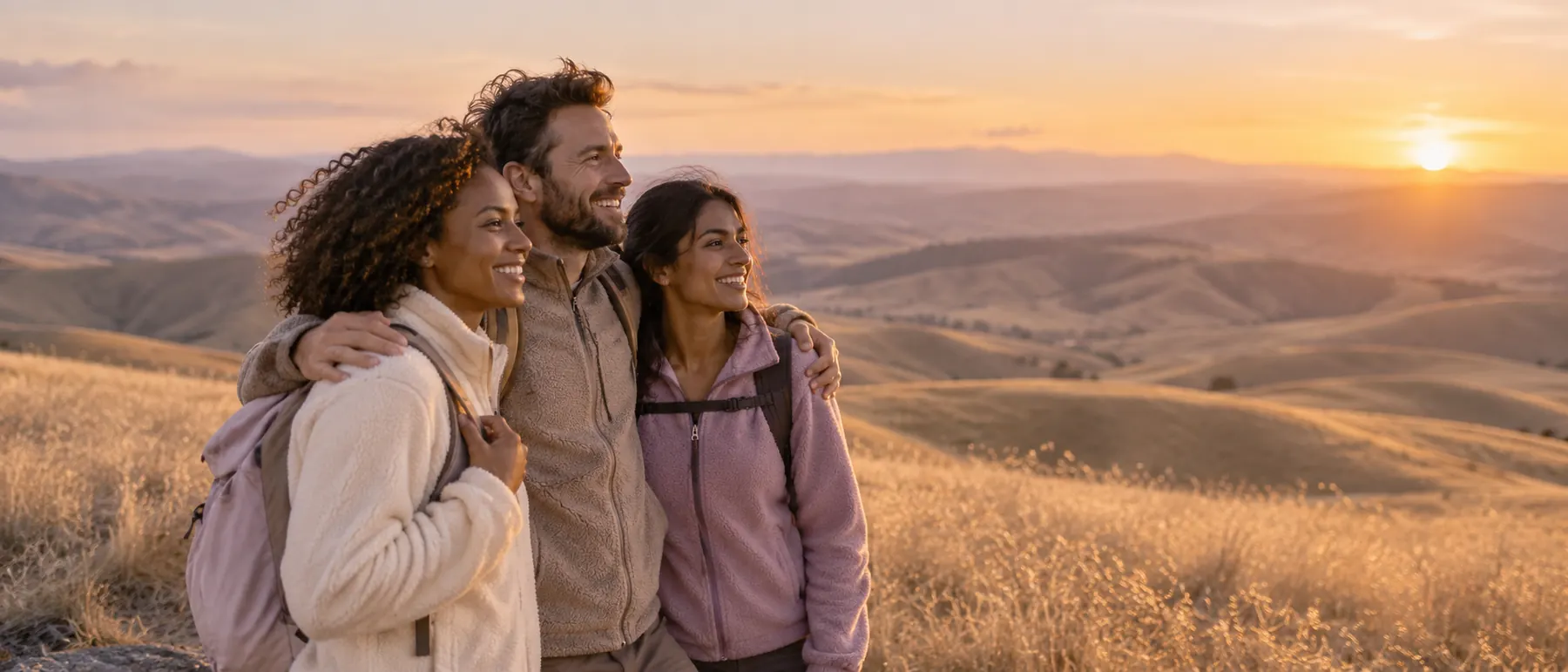 Three friends at the top of a hill at golden hour, arms around each other.