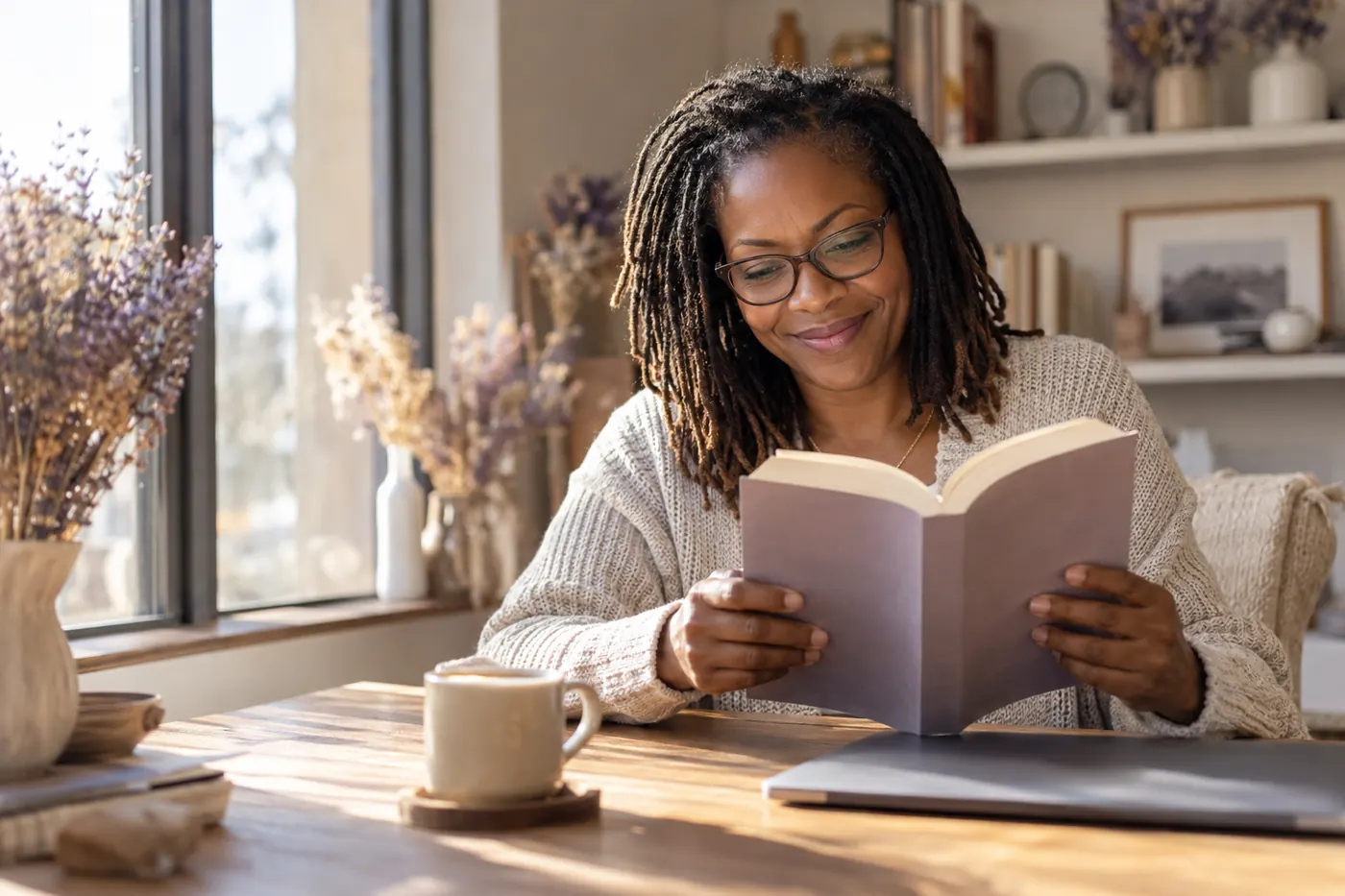 A founder reading at a sunlit desk with a coffee, the laptop closed beside her.