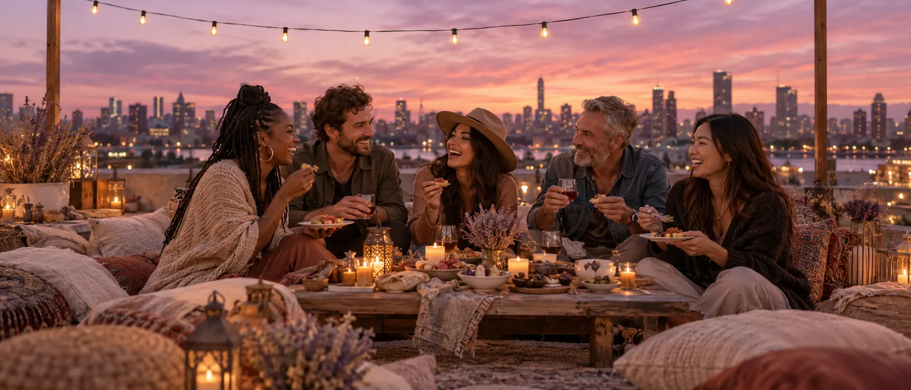 Friends sharing food on a city rooftop at dusk under string lights.